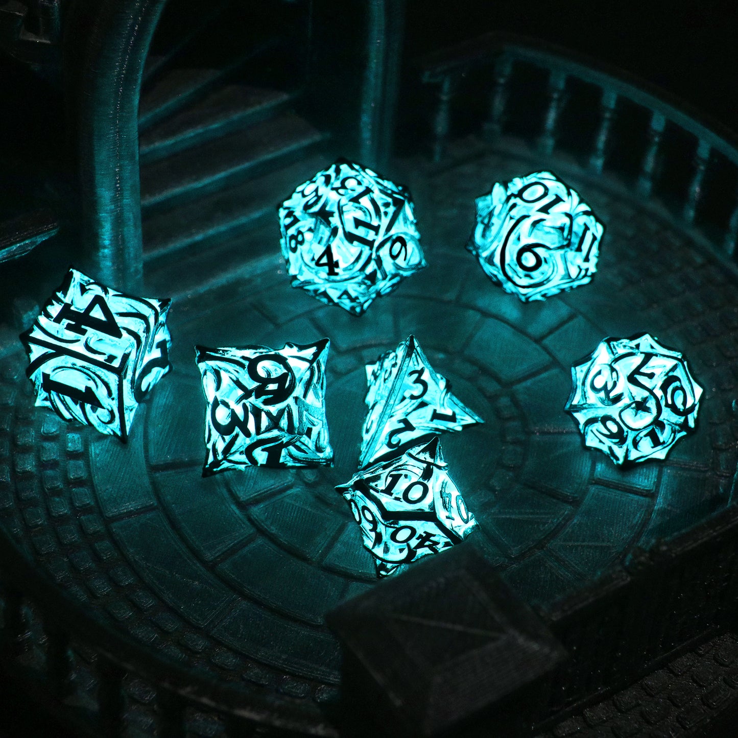 Glow in The Dark DND Dice  of 7 Polyhedral Dice Set Hollow Metal Vine D&D Dice D and D RPG Dice