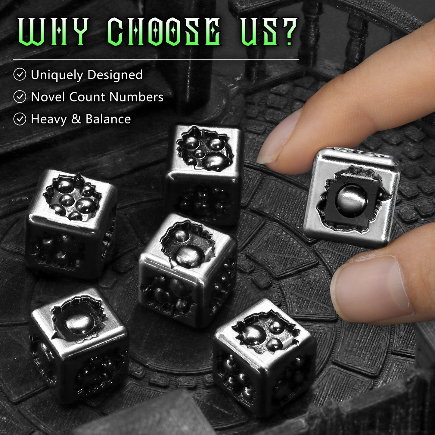 Metal D6 Dice, 6 Sided Dice Set of 6,DND Metal Dice Set for D and D Gifts-Silver Black