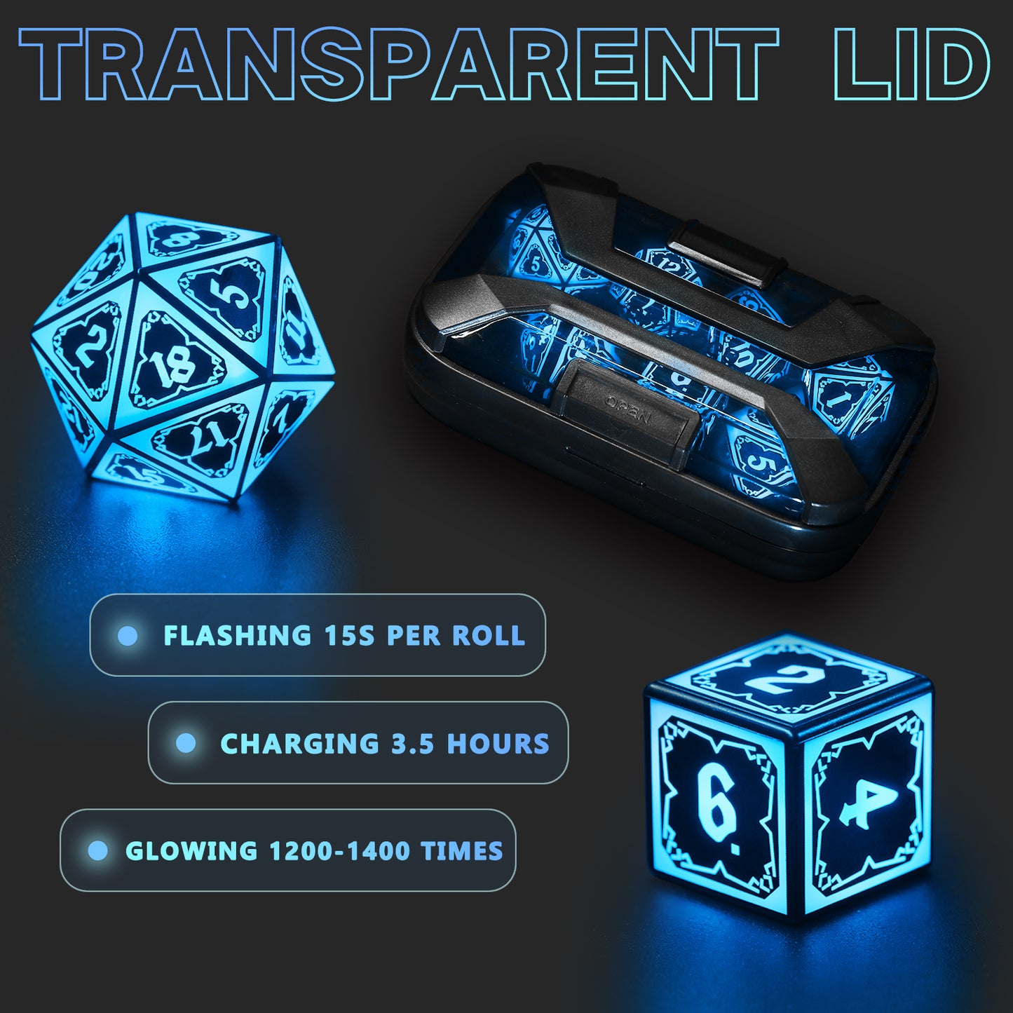 Light up DND Dice Set Rechargeable,Cool LED D and D Dice 7pcs with Charging Box Polyhedral Dungeons and Dragons RPG Dice Set for Role Playing Table Game (Astral Shard Blue)