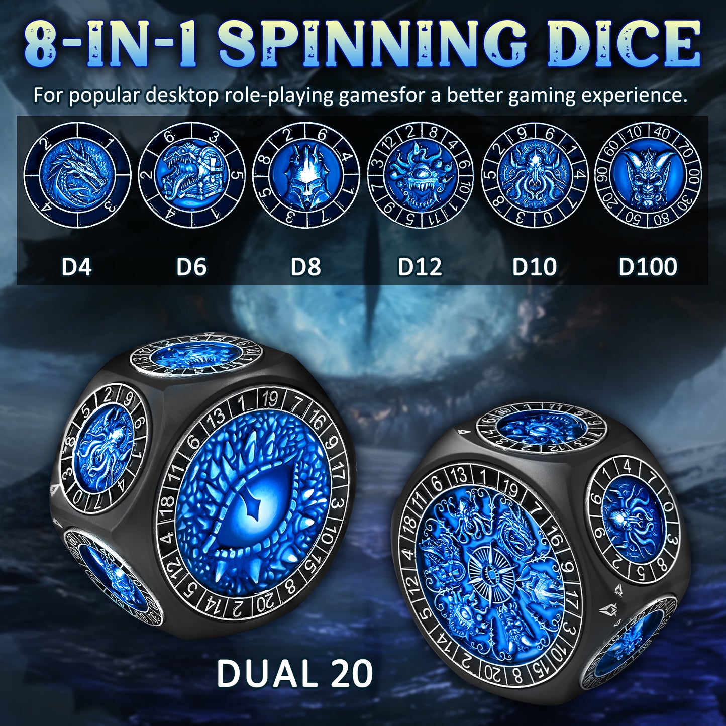 Metal Spinner Dice with Range D4-D20 (Black Dice- Blue)