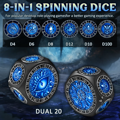 Metal Spinner Dice with Range D4-D20 (Black Dice- Blue)