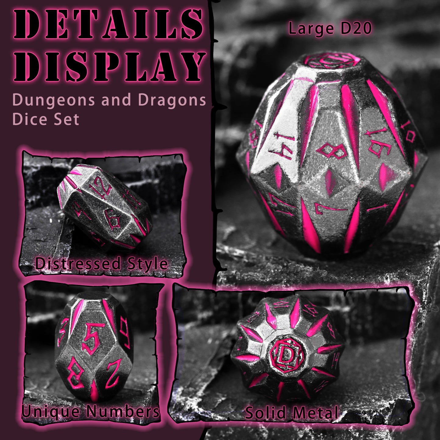 Metal Dice DND Polyhedral Dice Set Stonehenge Theme RPG Dice-Black Pink