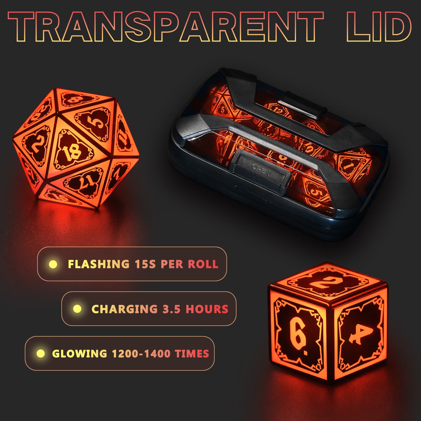 Light up DND Dice Set Rechargeable,Cool LED D and D Dice 7pcs with Charging Box Polyhedral Dungeons and Dragons RPG Dice Set for Role Playing Table Game (Astral Shard Orange)