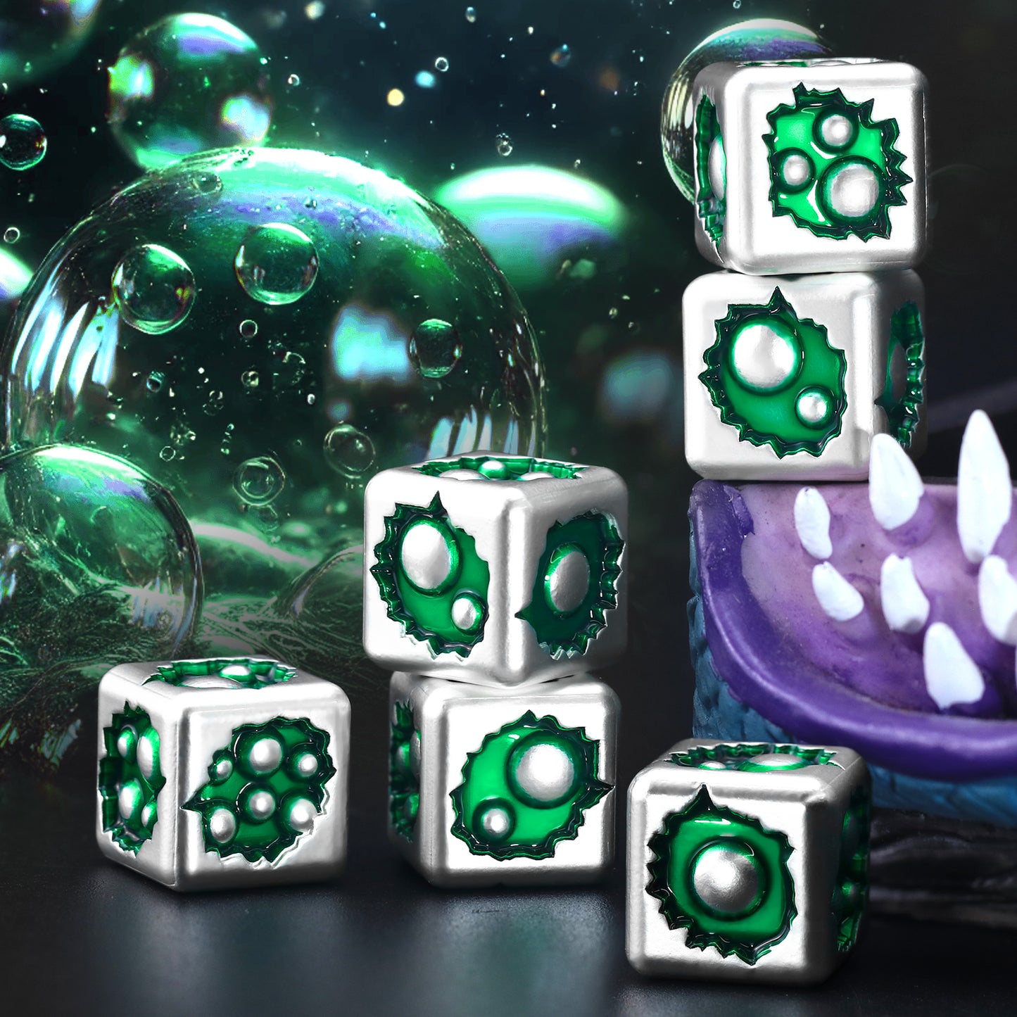 D6 Dice Set of Six Pcs 15mm, Cool Unique Metal 6 Sided Dice - D6 White Green