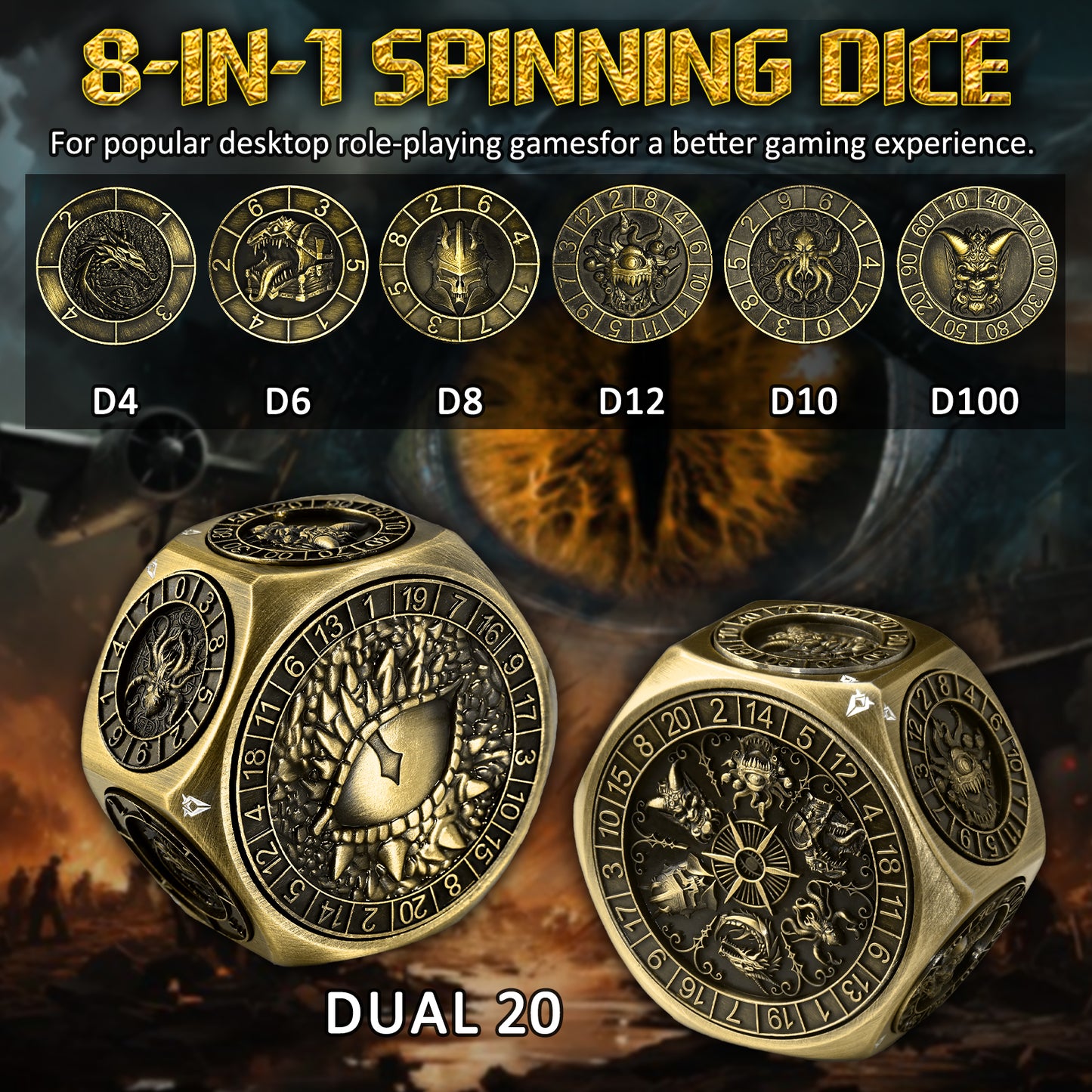 Metal Spinner Dice with Monster Engravings-Bronze