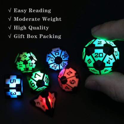 DND Dice Rechargeable with Charging Box, Shake to Light Up Colorful Dice, ZHOORQI Dungeons & Dragons Dice USB Charging, Role Playing Dice for D&D Table Games (Soccer-3 Color)