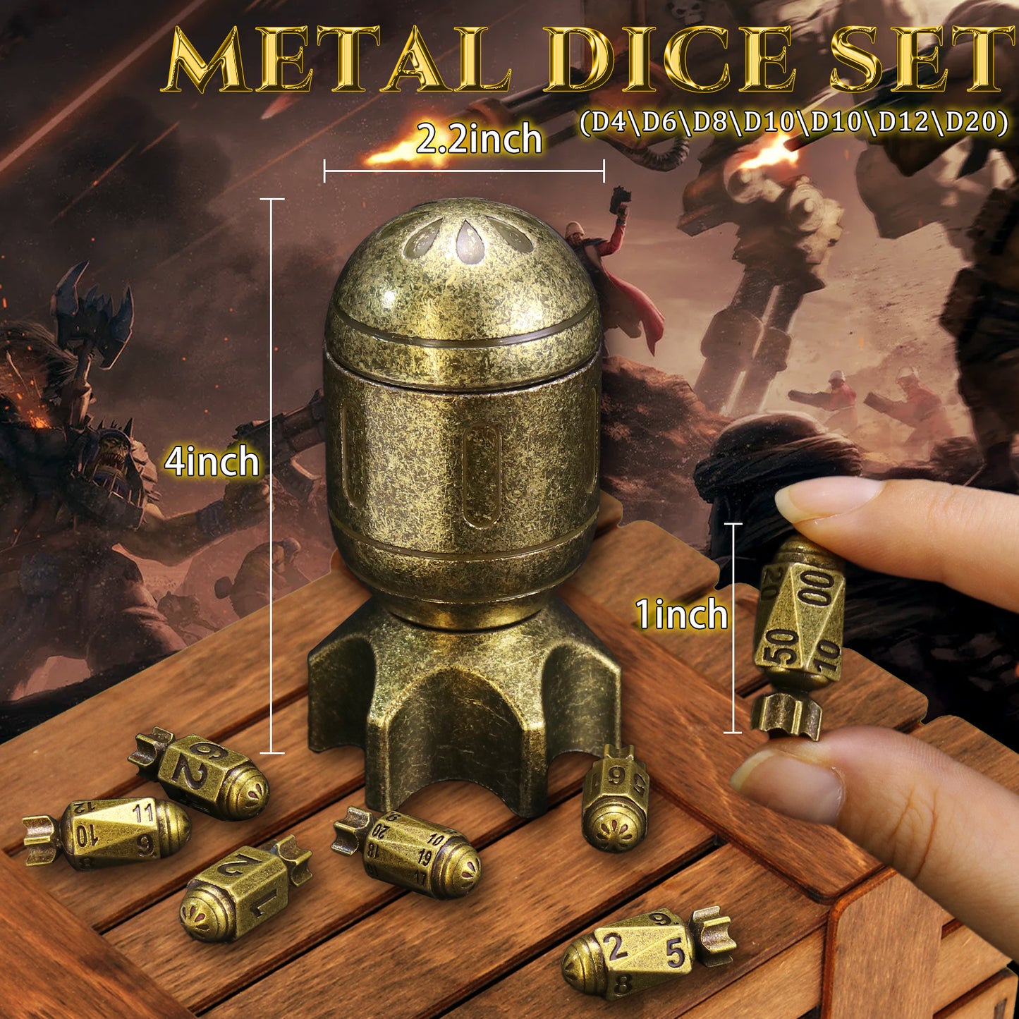 Missile Metal Dice Set D&D of 7 with Spinning Missile Shaped Container - Retro Bronze