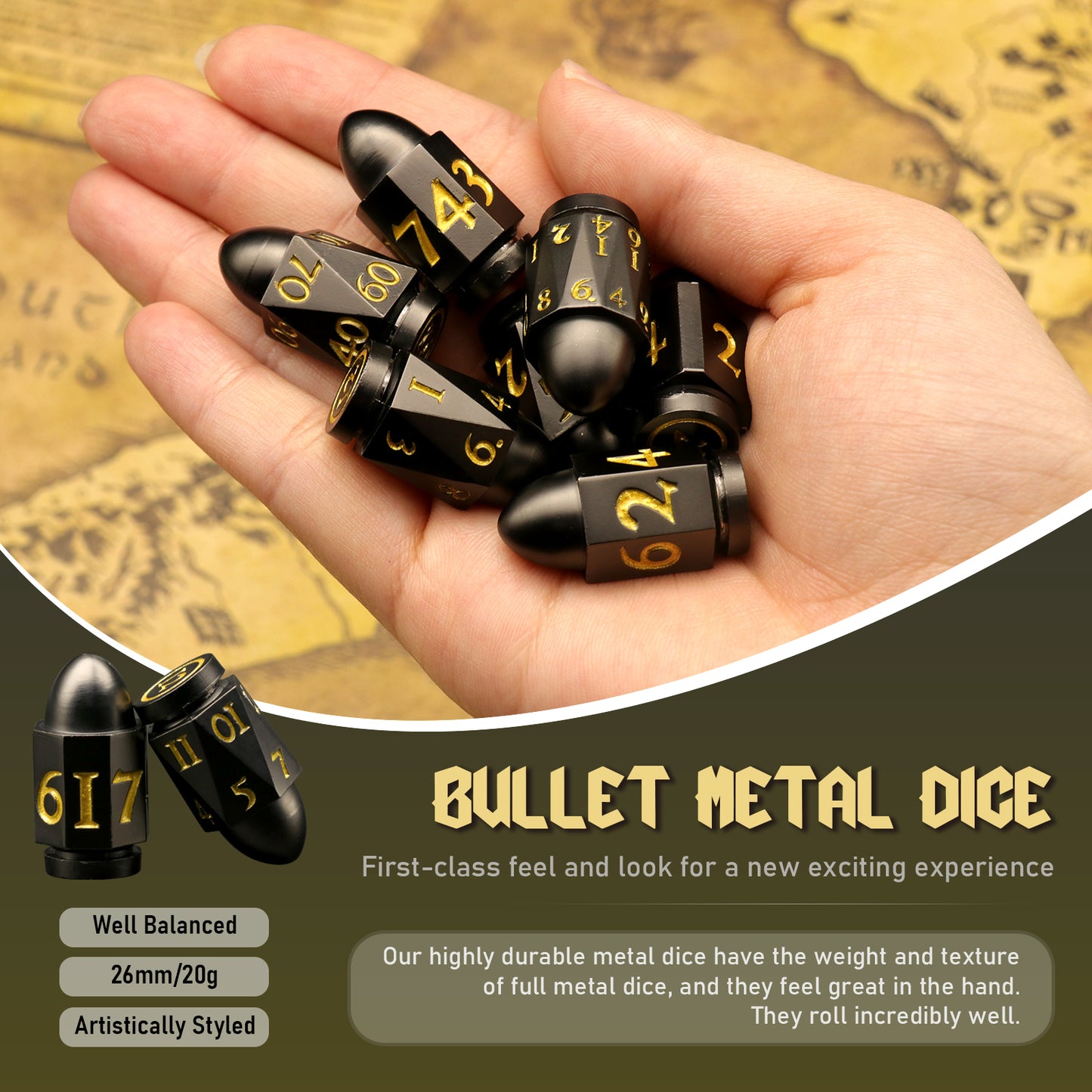 7PCS DND Metal Dice Red Bullet Dice Set-Black Yellow