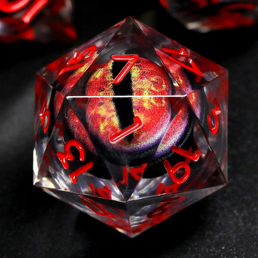 Liquid Core DND Dice, Dragon Eye Dice Set D&D Sharp Edge Resin Dungeons and Dragons Dice Polyhedral Beholder's Ttrpg Dice (Red)