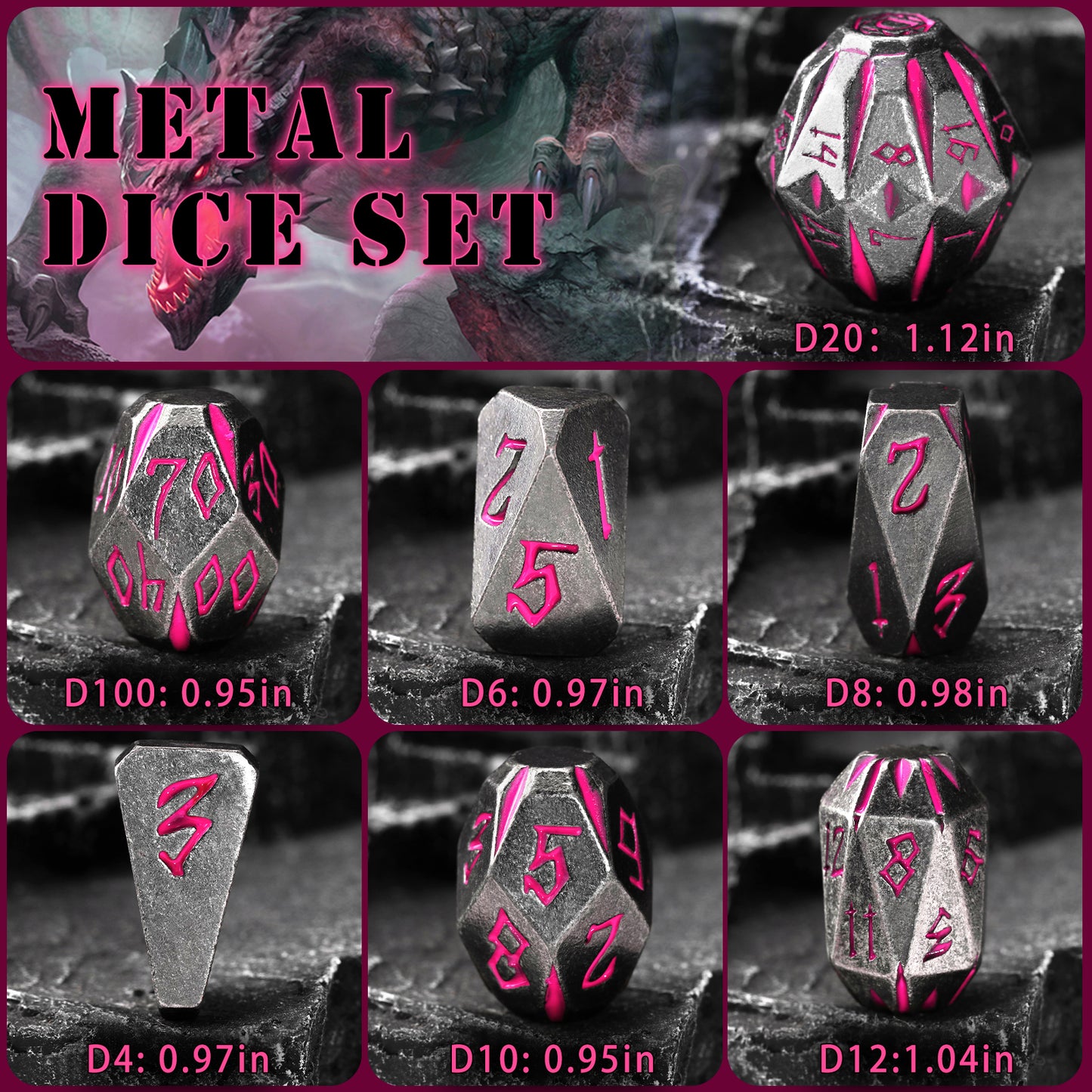 Metal Dice DND Polyhedral Dice Set Stonehenge Theme RPG Dice-Black Pink