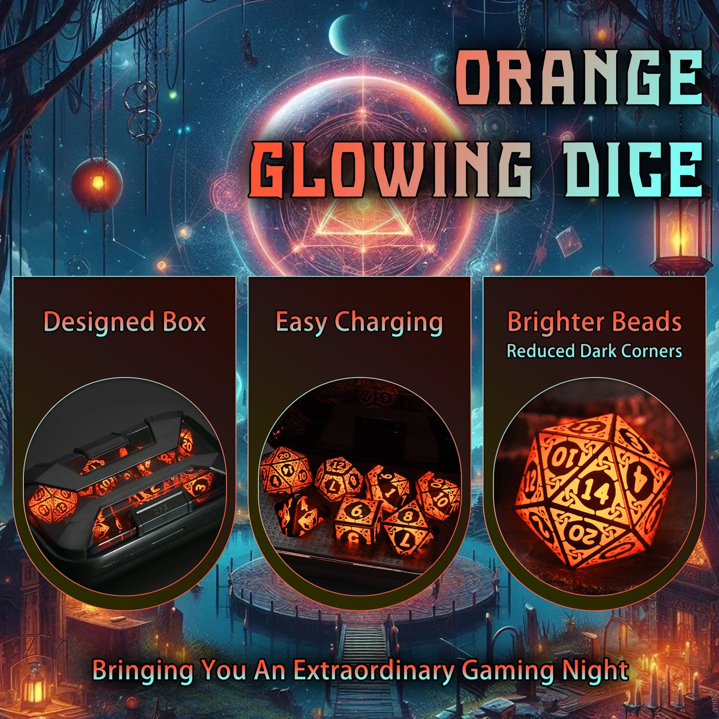 LED Dice Set DND, Cool Light up Dice Set Rechargeable-Orange-Shackles