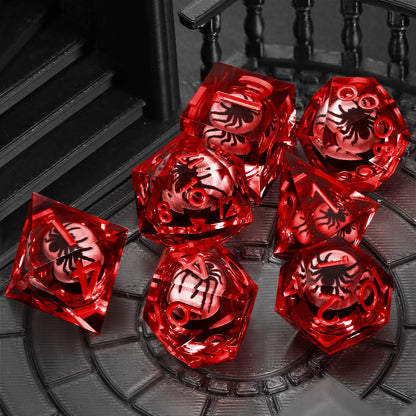 Spider Liquid Core DND Dice Set, 7PCS Sharp Edge Resin Dice -Red