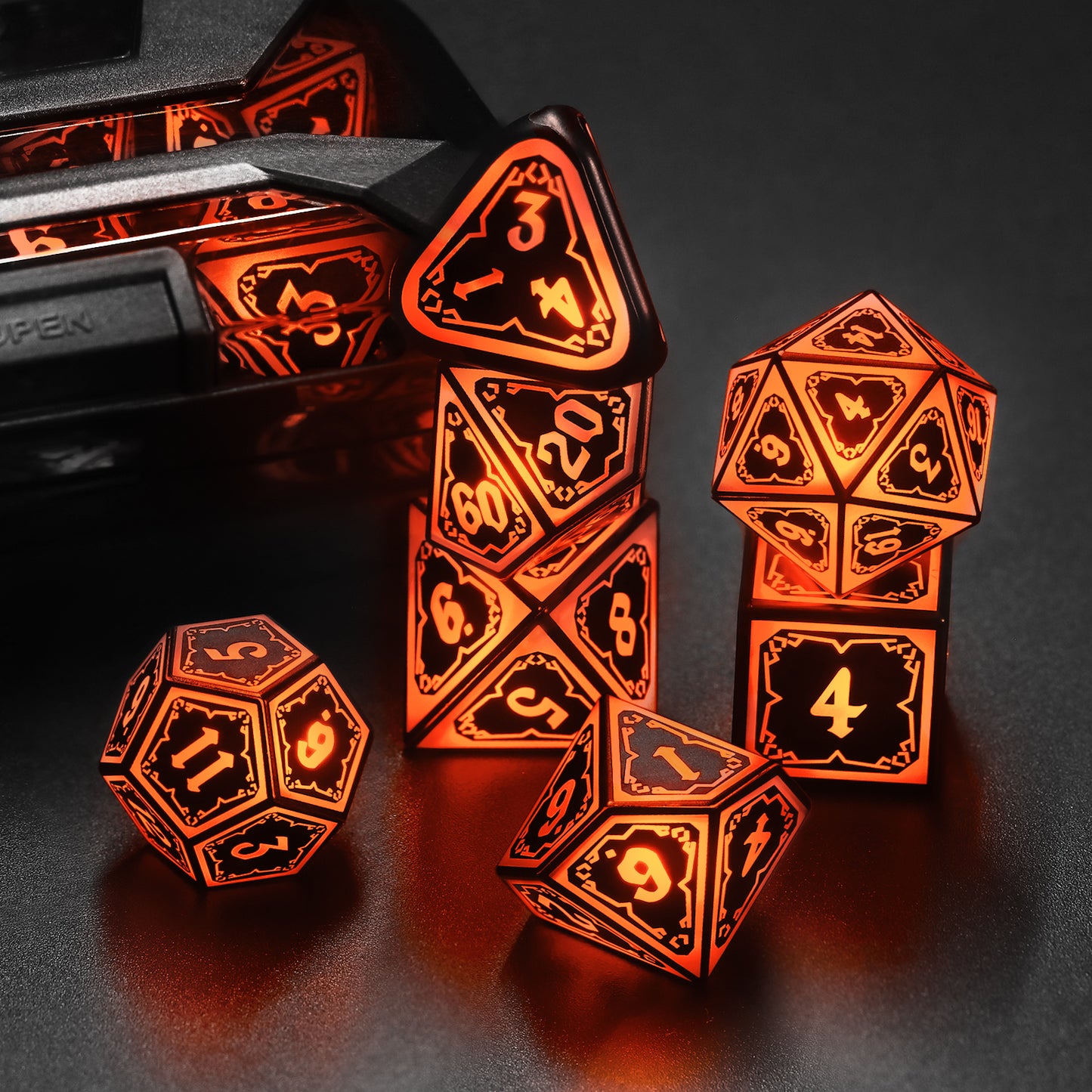 Light up DND Dice Set Rechargeable,Cool LED D and D Dice 7pcs with Charging Box Polyhedral Dungeons and Dragons RPG Dice Set for Role Playing Table Game (Astral Shard Orange)