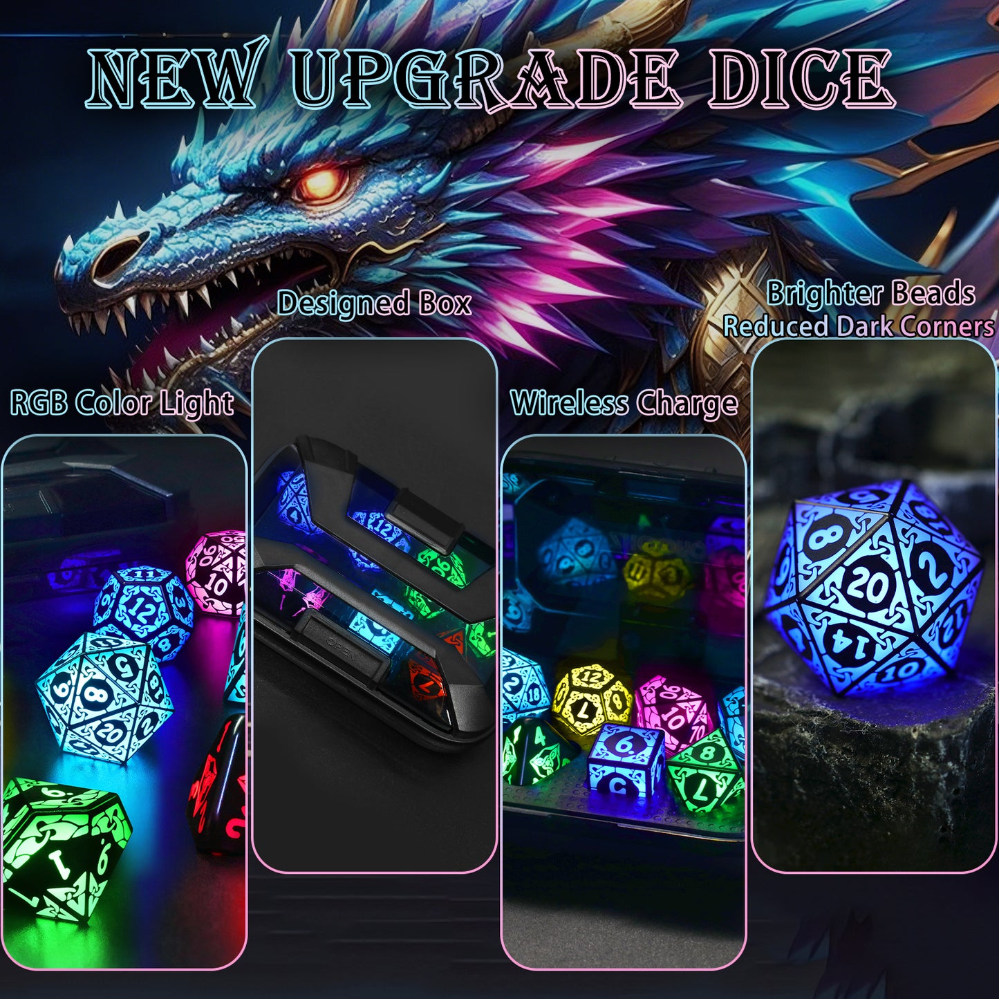 LED DND Dice Set Rechargeable, Cool Light up Dice Wireless Charging for Dungeons n Dragons, Polyhedral Role Playing Dice DnD Gifts(RGB-Shackles)