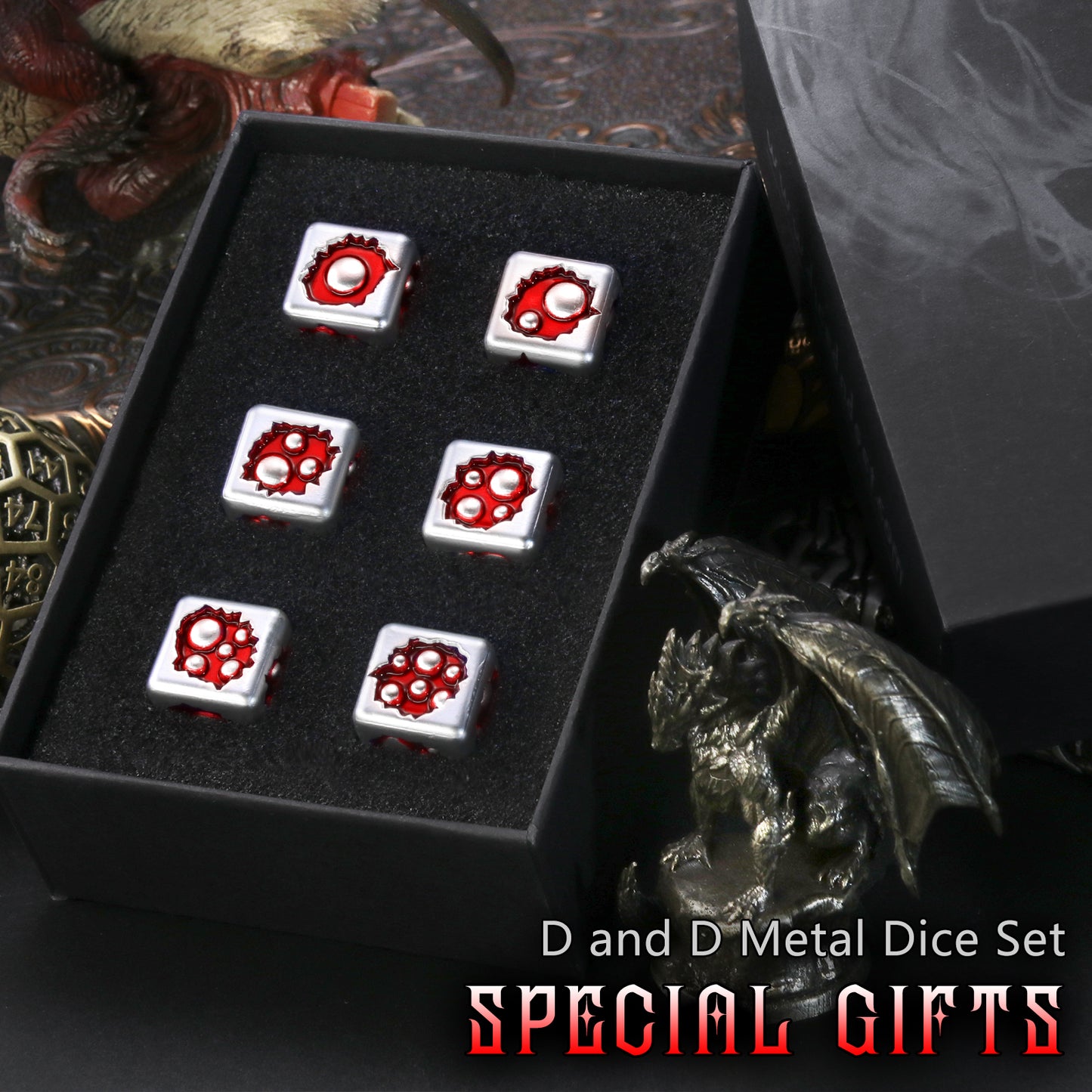 Metal D6 Dice, 6 Sided Dice Set of 6,DND Metal Dice Set for D and D Gifts-White Red