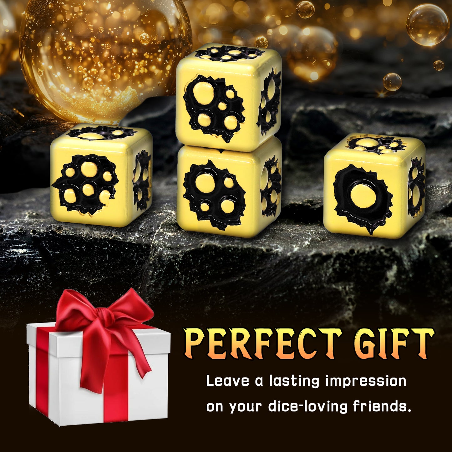 D6 Dice Set of Six Pcs 15mm, Cool Unique Metal 6 Sided Dice -D6 Gold Black