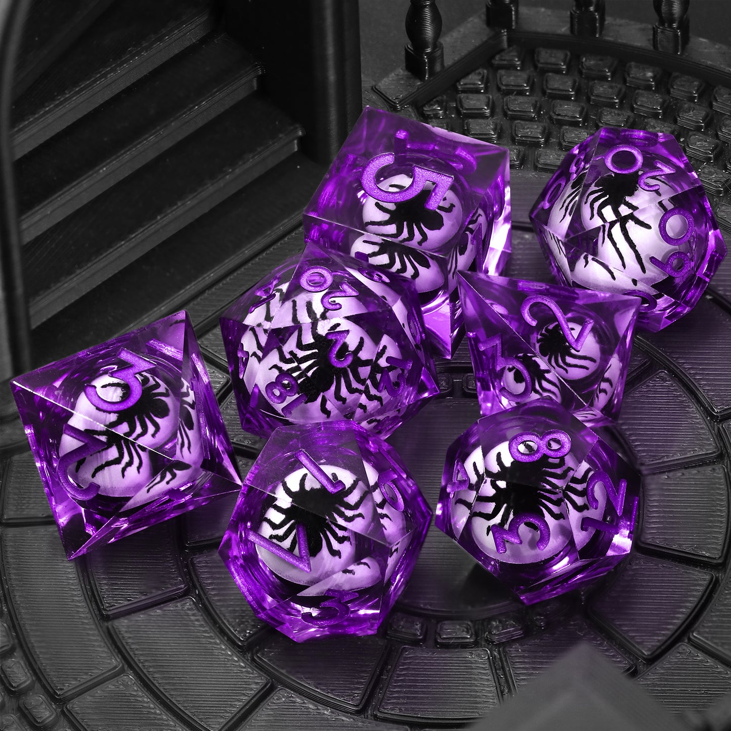 Spider Liquid Core DND Dice Set, 7PCS Sharp Edge Resin Dice - Purple
