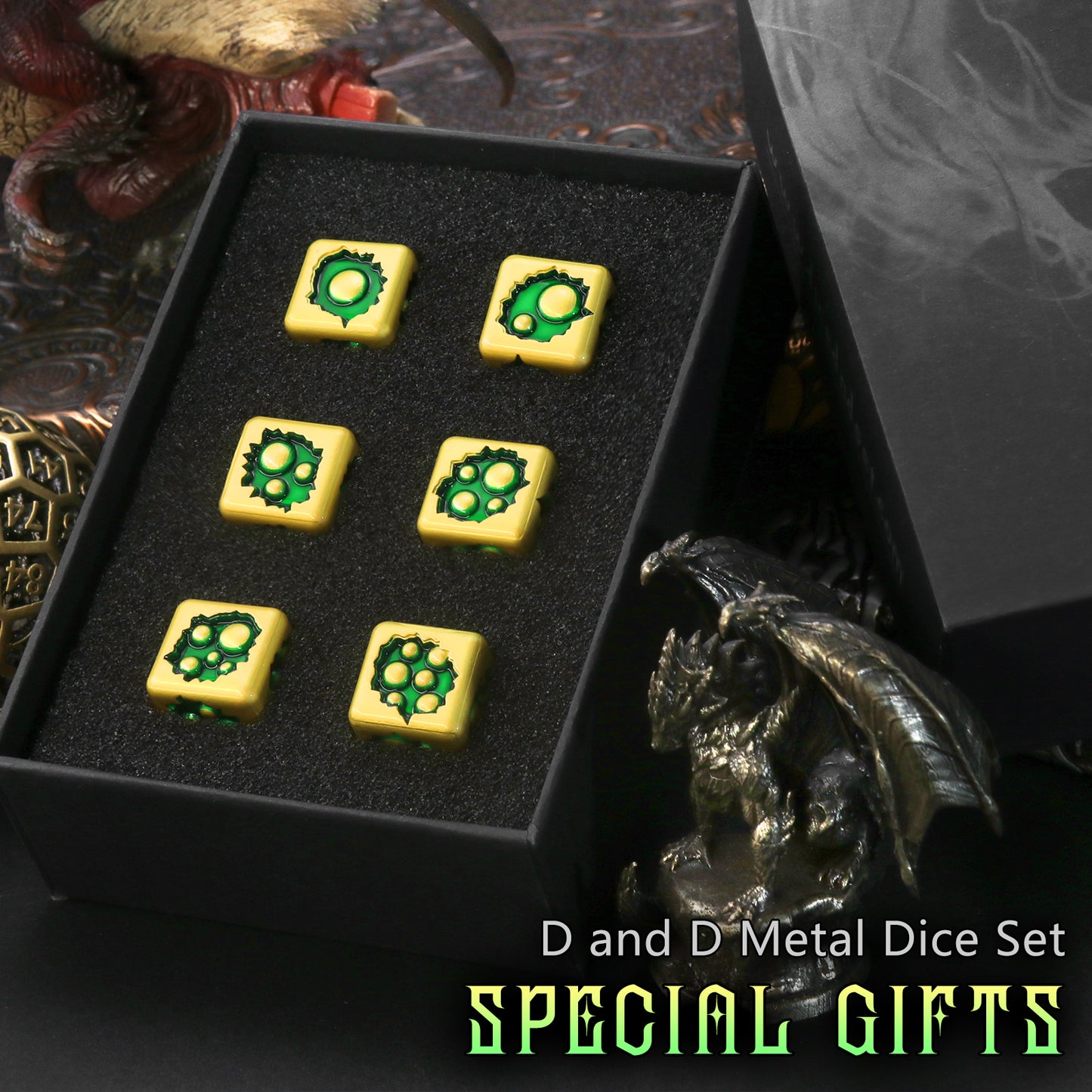 Metal D6 Dice, 6 Sided Dice Set of 6,DND Metal Dice Set for D and D Gifts-Bronze Green