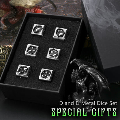 Metal D6 Dice, 6 Sided Dice Set of 6,DND Metal Dice Set for D and D Gifts-Silver Black