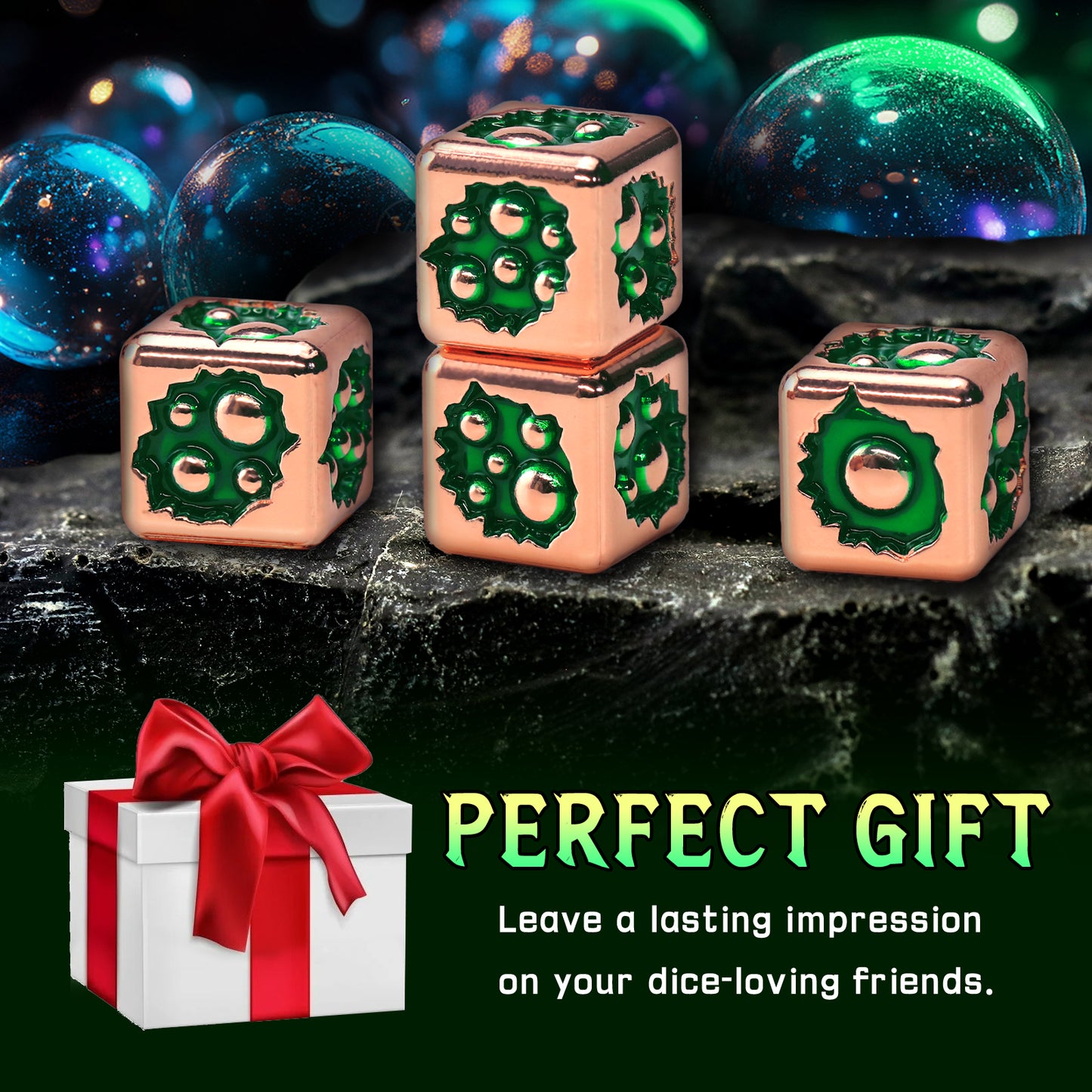 D6 Dice Set of Six Pcs 15mm, Cool Unique Metal 6 Sided Dice -D6 Rose Gold Green