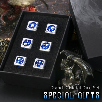 Metal D6 Dice, 6 Sided Dice Set of 6,DND Metal Dice Set for D and D Gifts-White Blue