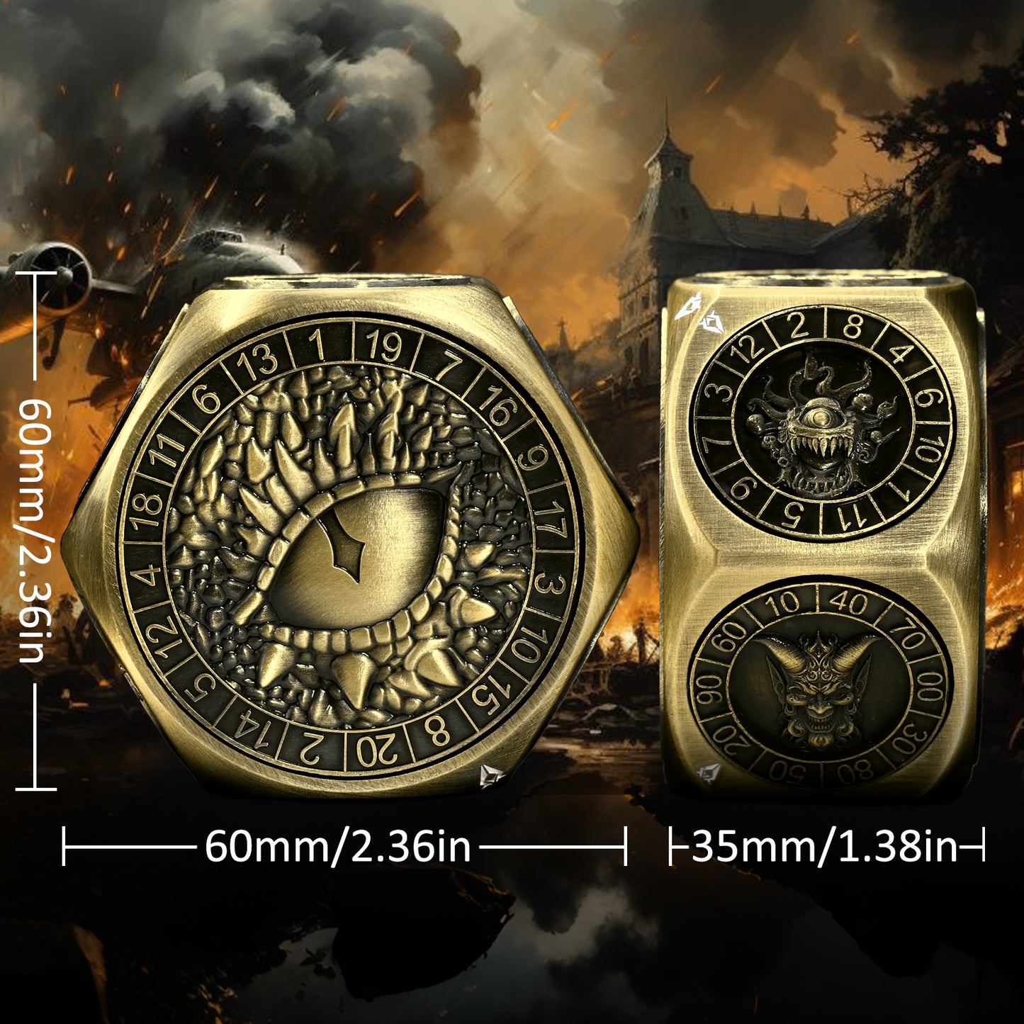 Metal Spinner Dice with Monster Engravings-Bronze