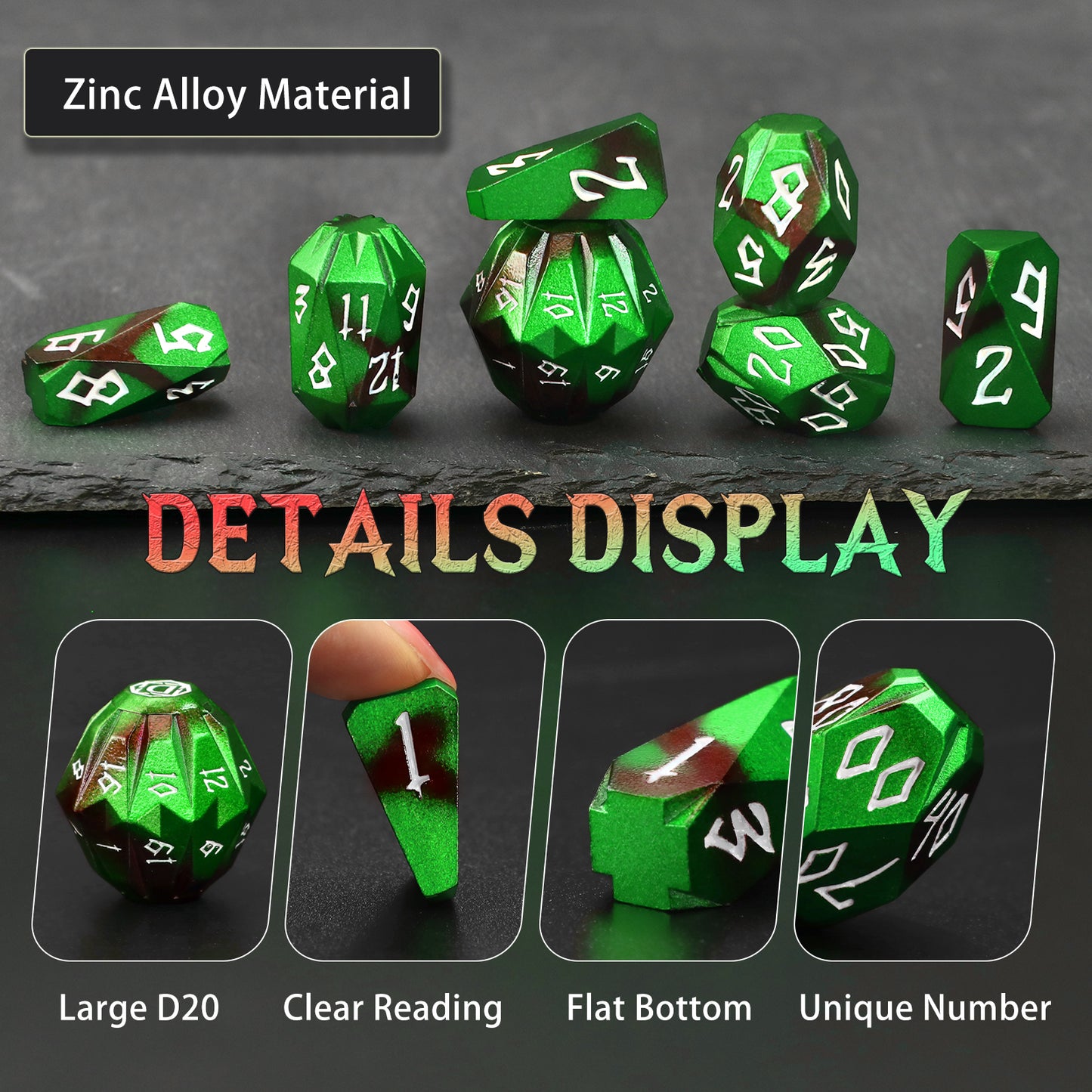 Metal Dice Set D and D with Cardboard Box Unique Cool RPG Polyhedral Dice - Black Green