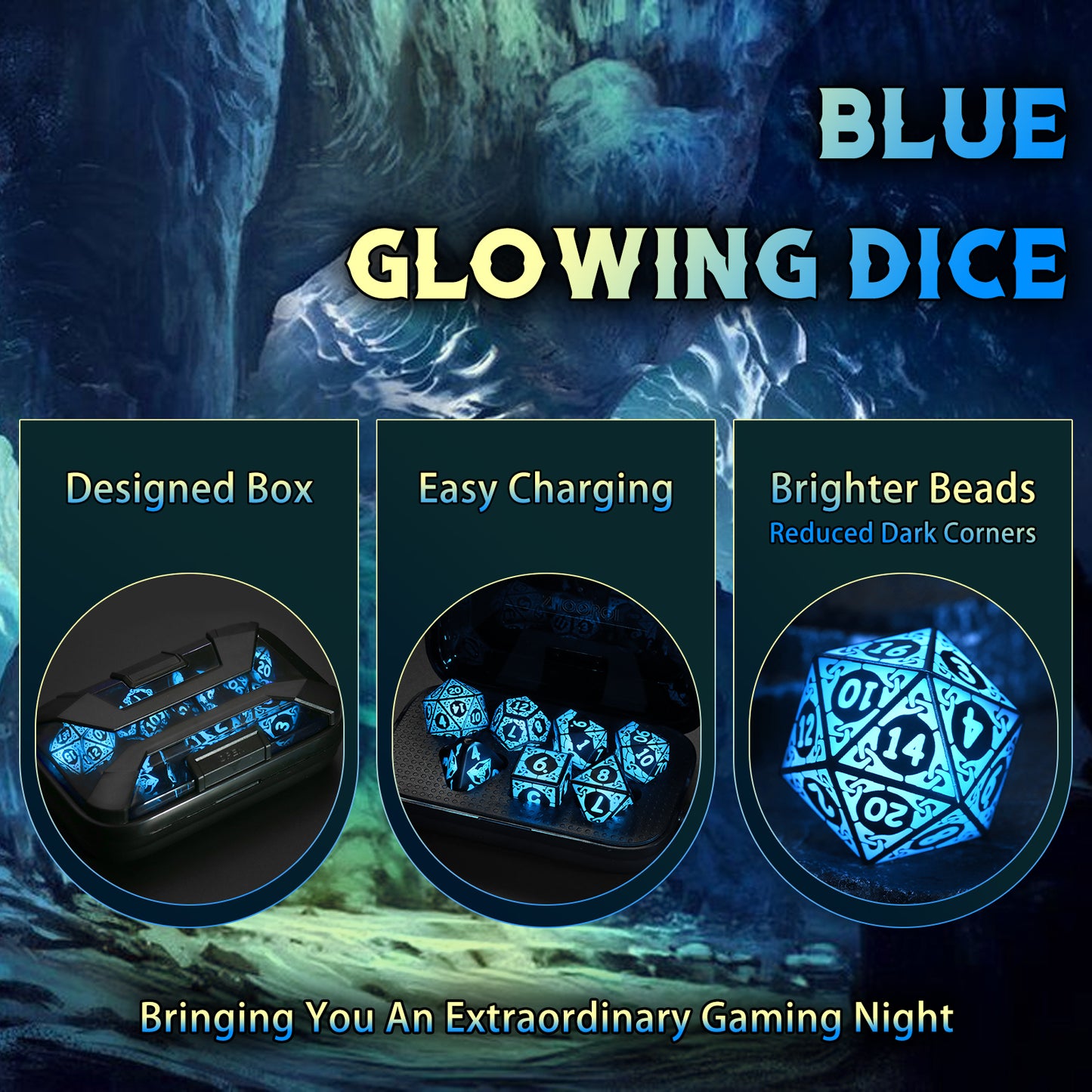 LED Dice Set DND, Cool Light up Dice Set with Charging Box -Blue-Shackles