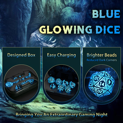 LED Dice Set DND, Cool Light up Dice Set with Charging Box -Blue-Shackles