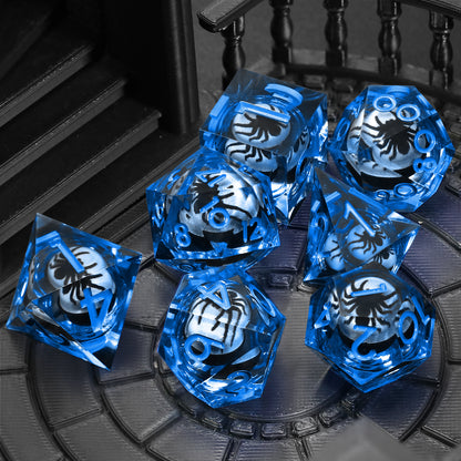 Spider Liquid Core DND Dice Set, 7PCS Sharp Edge Resin Dice - Blue