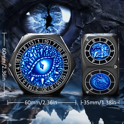 Metal Spinner Dice with Range D4-D20 (Black Dice- Blue)
