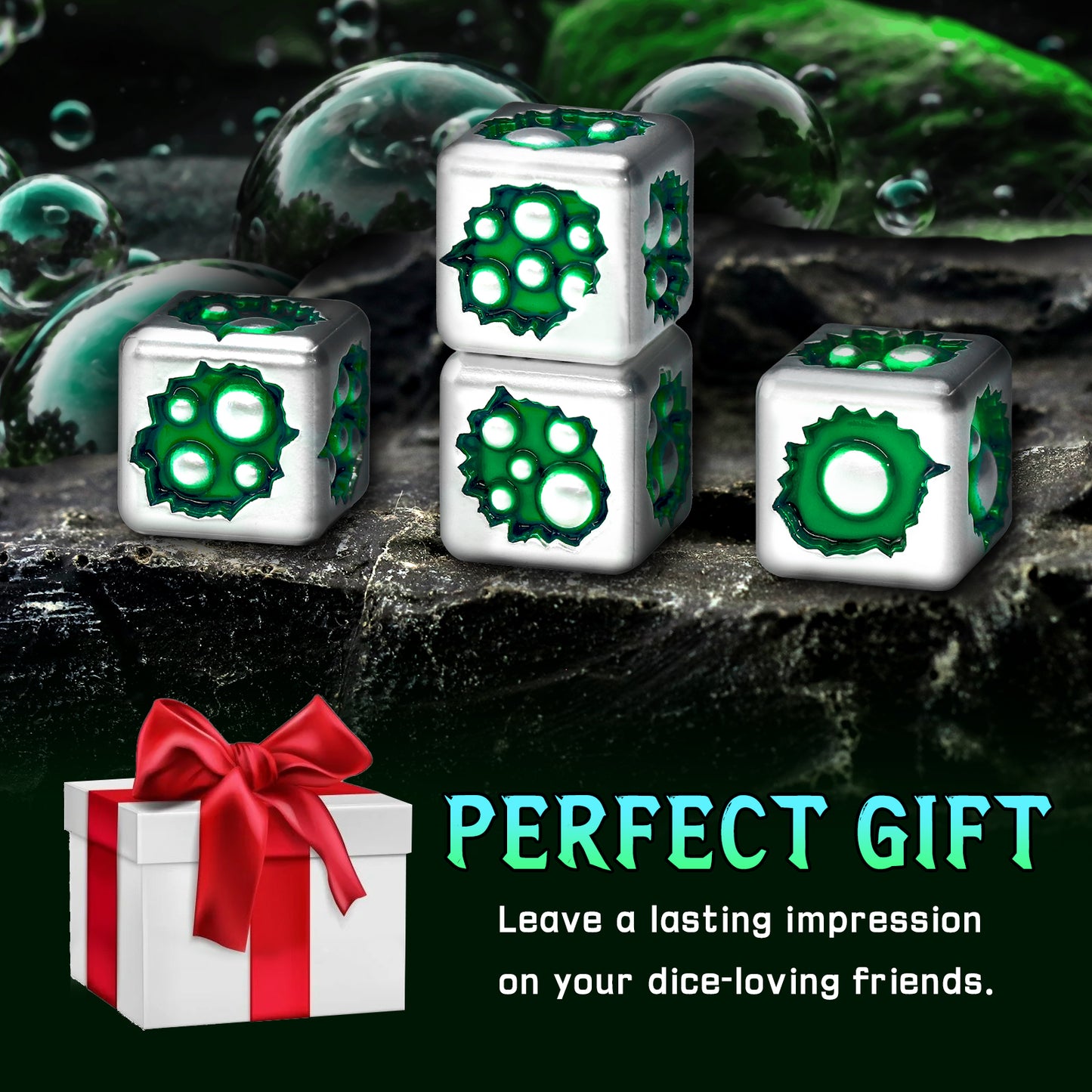 D6 Dice Set of Six Pcs 15mm, Cool Unique Metal 6 Sided Dice - D6 White Green