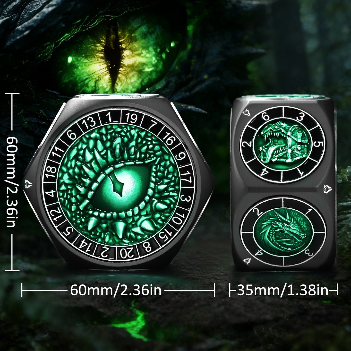 DND Metal Spinner Dice with 3D Monster Engravings & Smooth Spinning(Black Dice- Green)