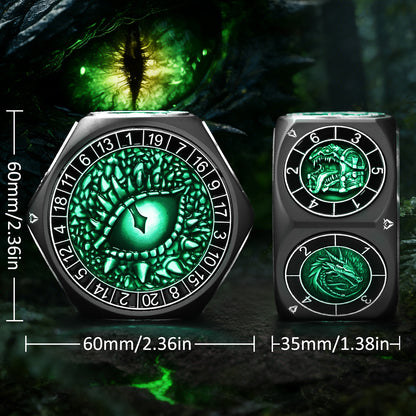 DND Metal Spinner Dice with 3D Monster Engravings & Smooth Spinning(Black Dice- Green)