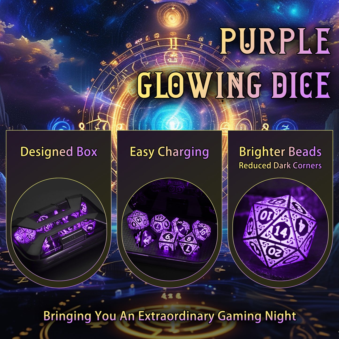 LED Dice Set DND, Cool Light up Dice Set Rechargeable-Purple-Shackles