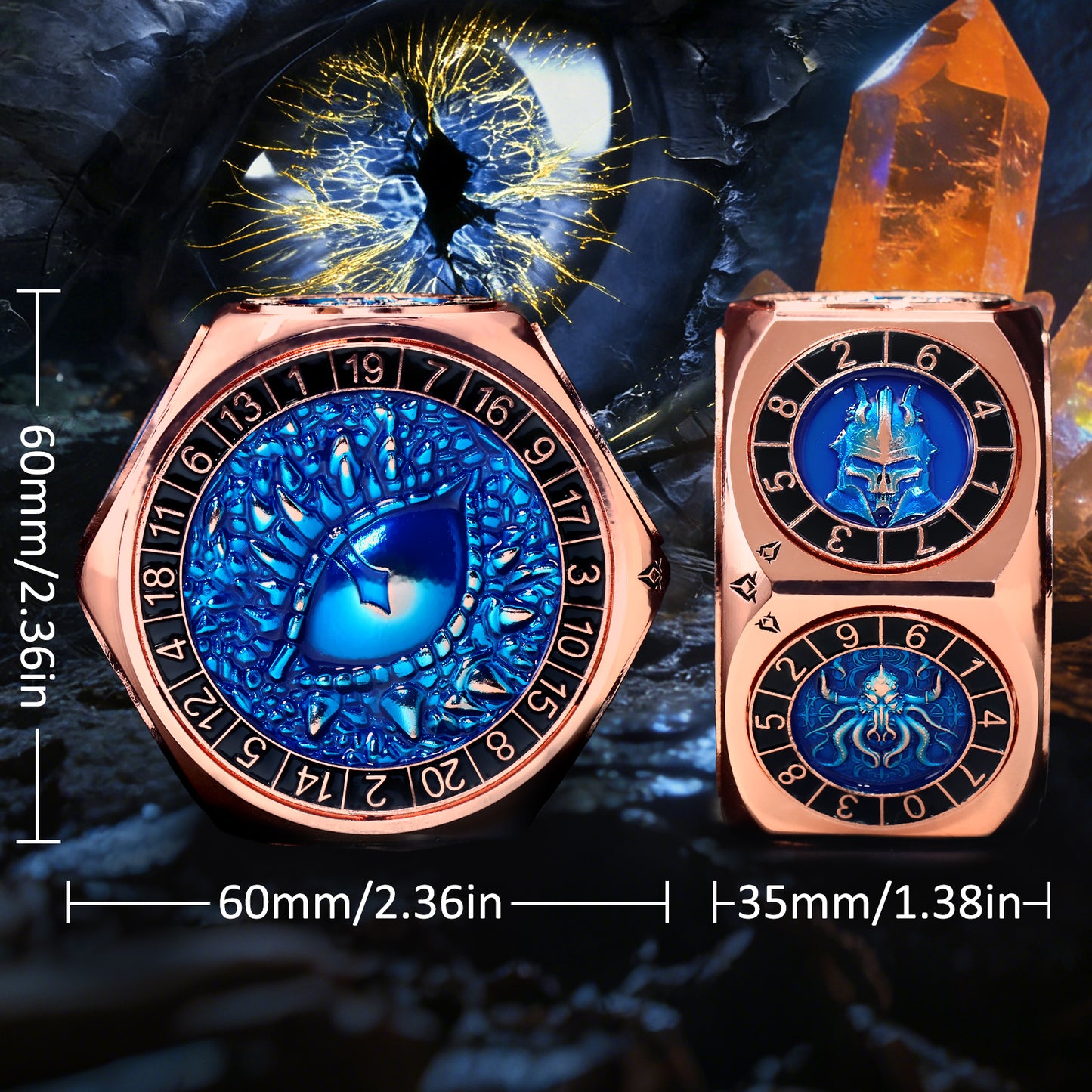 ZHOORQI 8-in-1 Metal DND Dice Set with 3D Monster Engravings(Copper Blue)