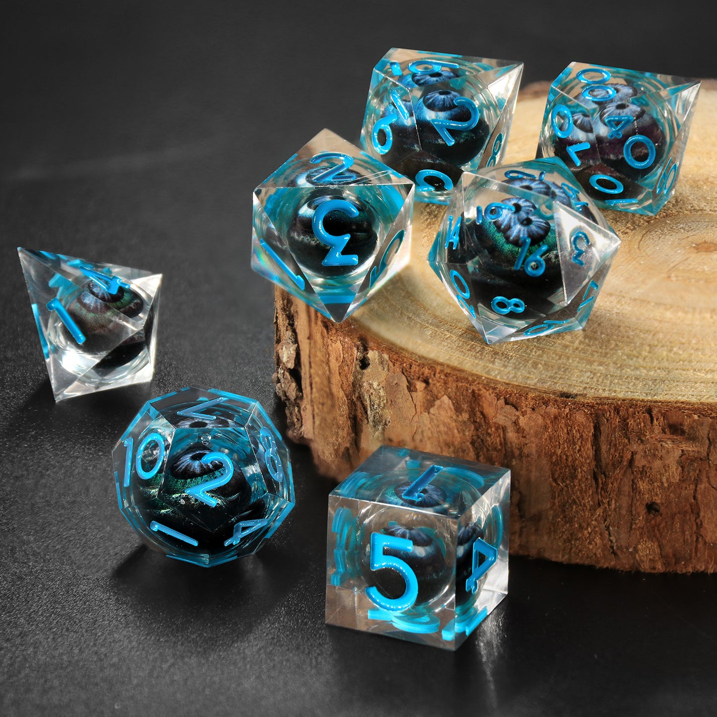 Liquid Core D&D Dice Set  7 Piece Sharp Edge Resin DND Dice - Blue