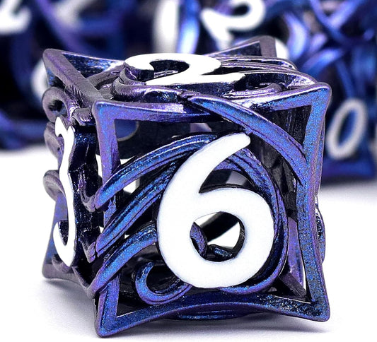 7PCS Metal DND Dice Set  Hollow Polyhedral Hollowl Vine Dice Set D&D Role Playing D and D RPG Dice ( Blue)