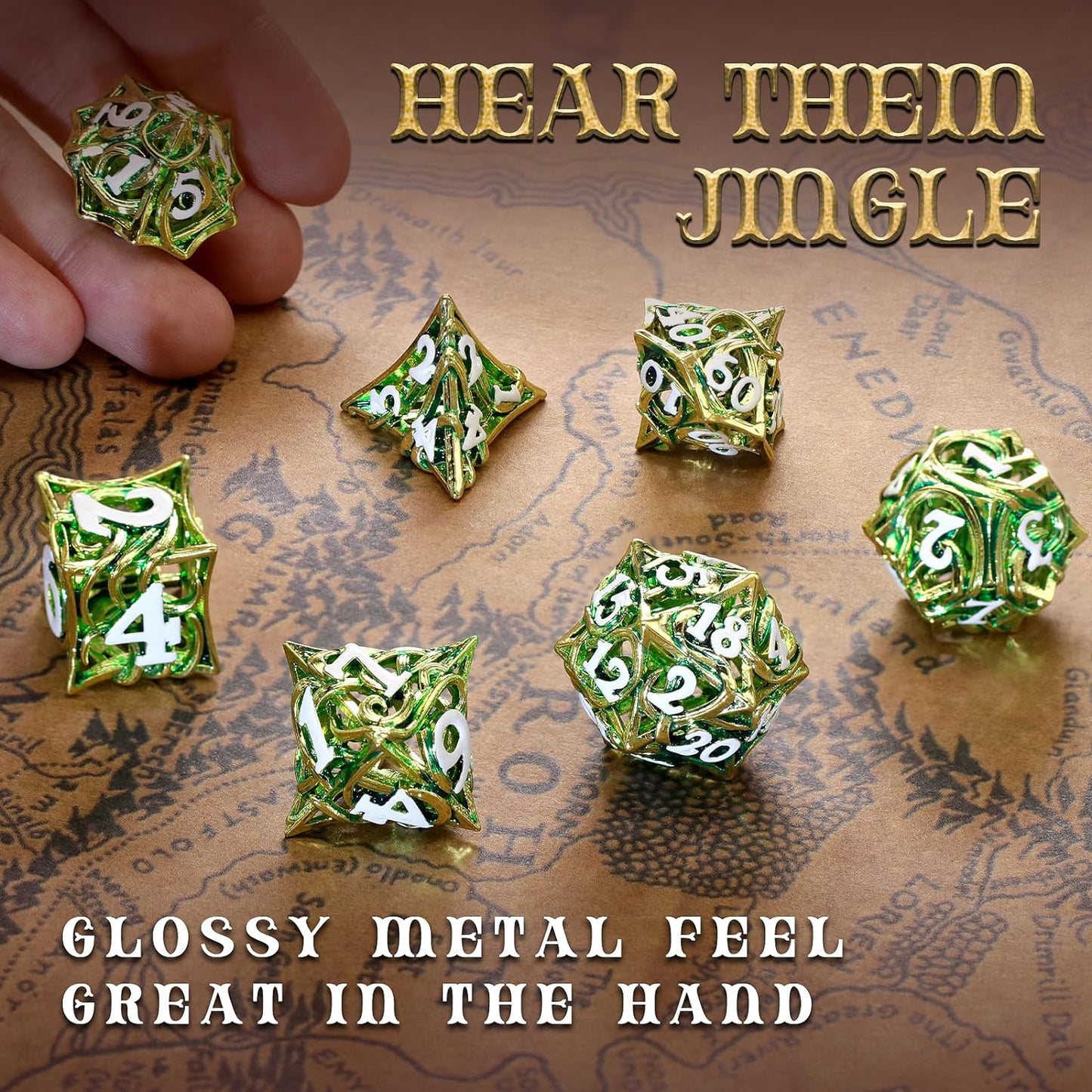 7PCS Metal DND Dice Set  Hollow Polyhedral Hollowl Vine Dice Set D&D Role Playing D and D RPG Dice ( Green)