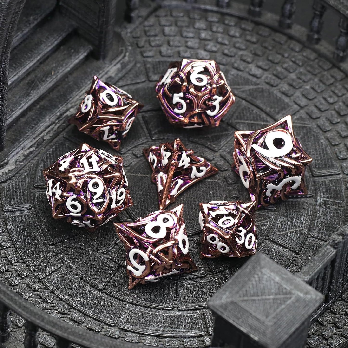 7PCS Metal DND Dice Set  Hollow Polyhedral Hollowl Vine Dice Set D&D Role Playing D and D RPG Dice ( Pink)