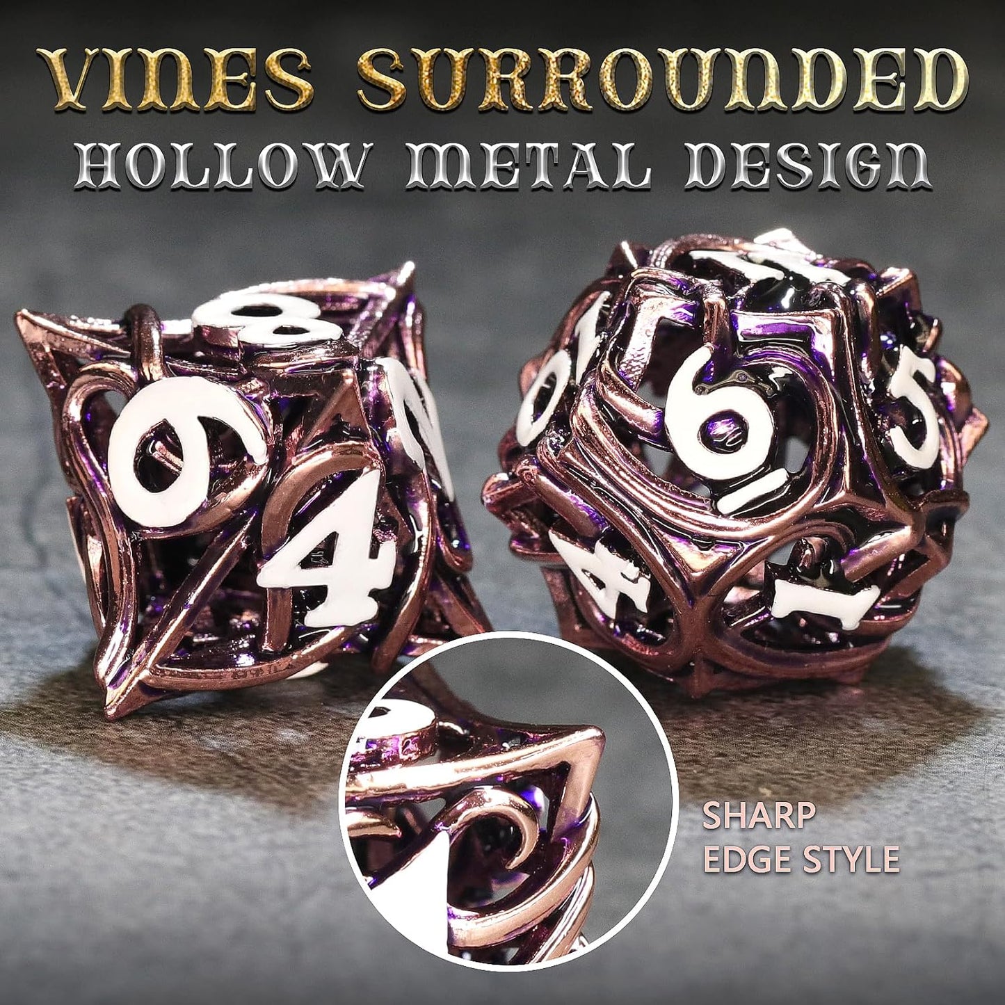 7PCS Metal DND Dice Set  Hollow Polyhedral Hollowl Vine Dice Set D&D Role Playing D and D RPG Dice ( Pink)