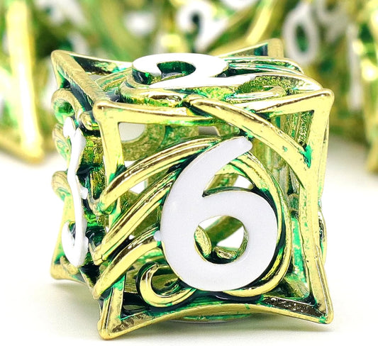 7PCS Metal DND Dice Set  Hollow Polyhedral Hollowl Vine Dice Set D&D Role Playing D and D RPG Dice ( Green)