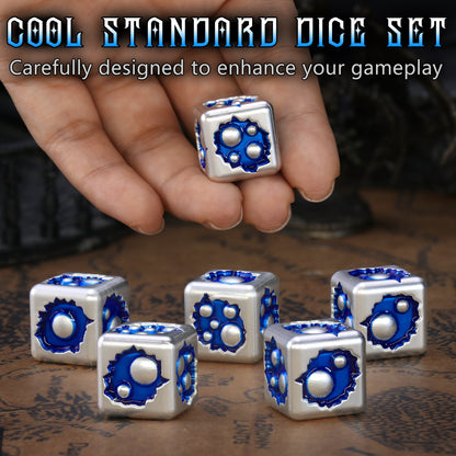 Metal D6 Dice, 6 Sided Dice Set of 6,DND Metal Dice Set for D and D Gifts-White Blue