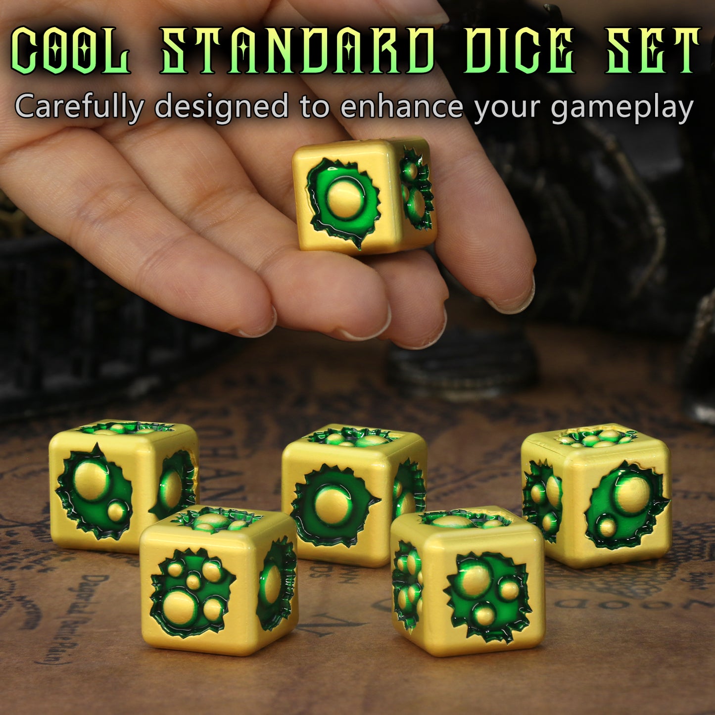 Metal D6 Dice, 6 Sided Dice Set of 6,DND Metal Dice Set for D and D Gifts-Bronze Green