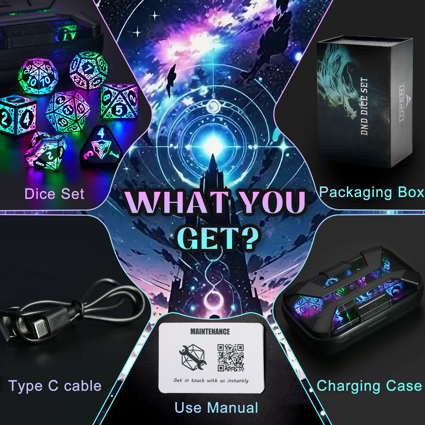LED Dice Set DND, Cool Light up Dice Set with Charging Box -Colorful-Shackles