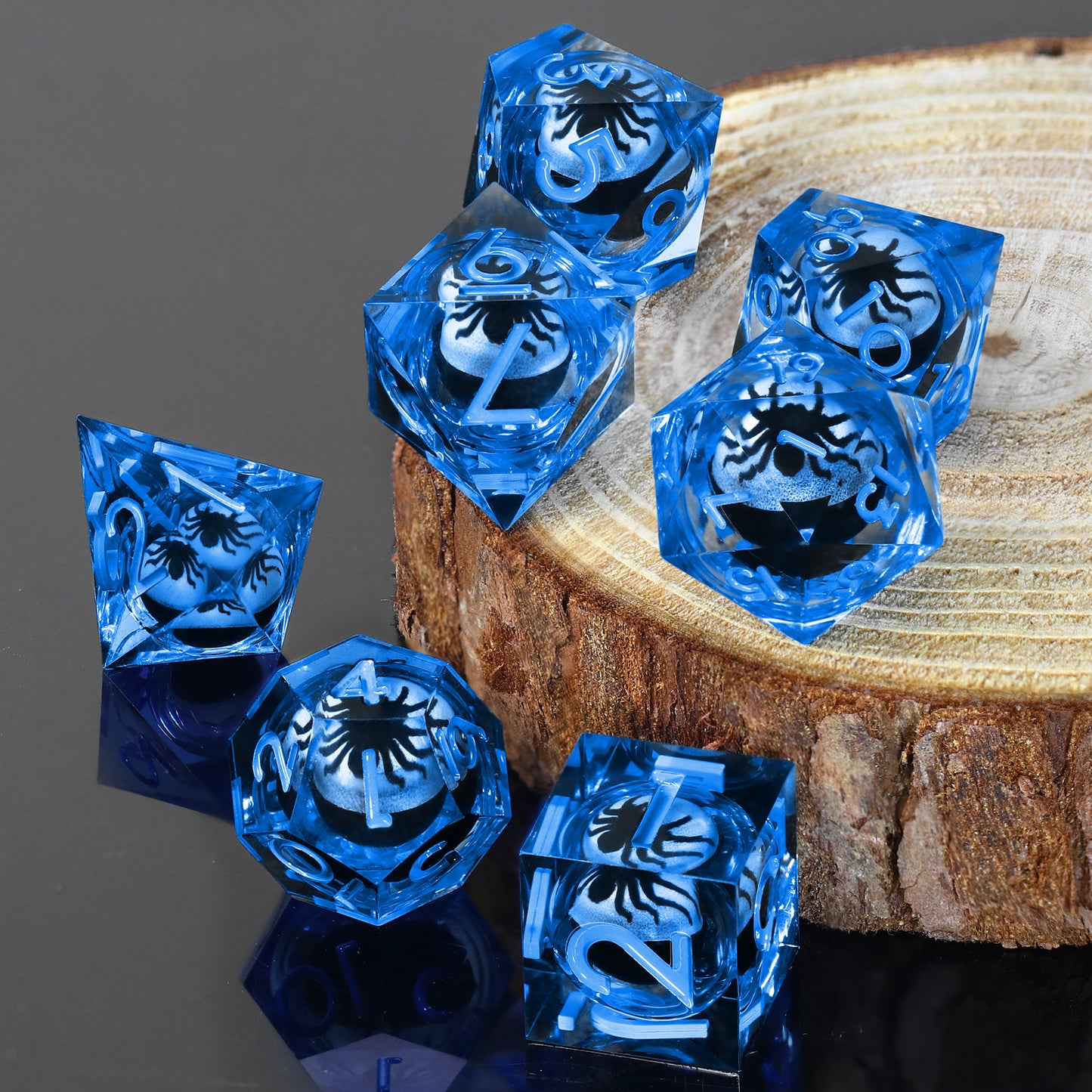 Spider Liquid Core DND Dice Set, 7PCS Sharp Edge Resin Dice - Blue