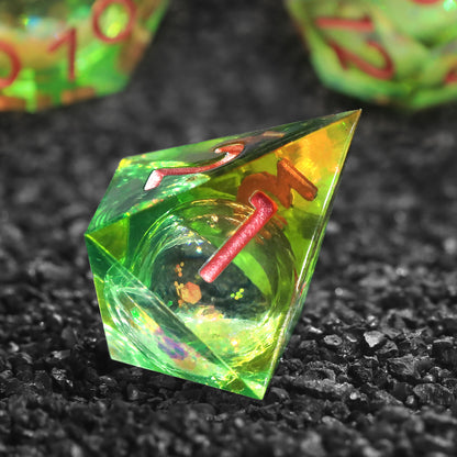 Liquid Core D&D Dice Set  7 Piece Sharp Edge Resin DND Dice - Liquid Yellow and Green