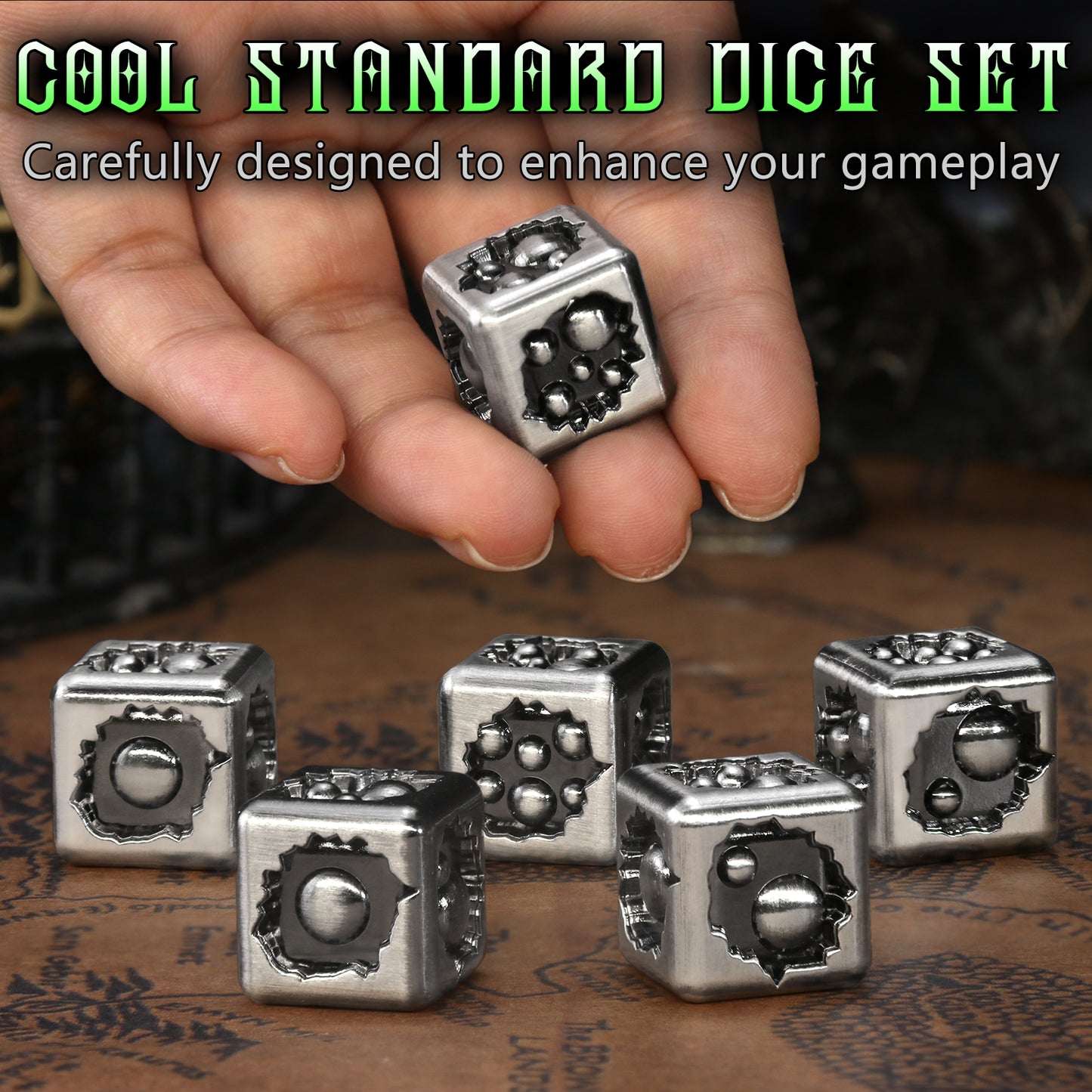 Metal D6 Dice, 6 Sided Dice Set of 6,DND Metal Dice Set for D and D Gifts-Silver Black
