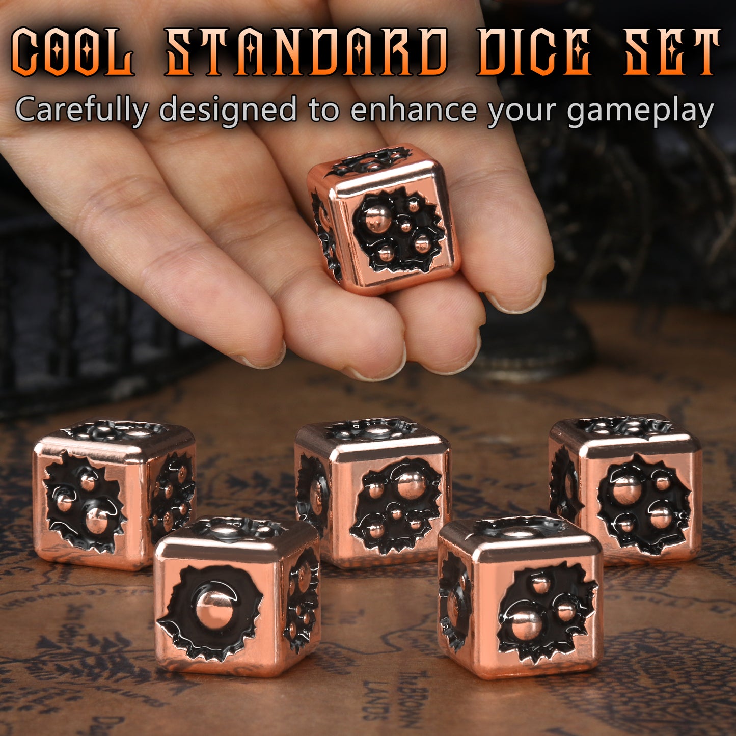 Metal D6 Dice, 6 Sided Dice Set of 6,DND Metal Dice Set for D and D Gifts-Copper Black