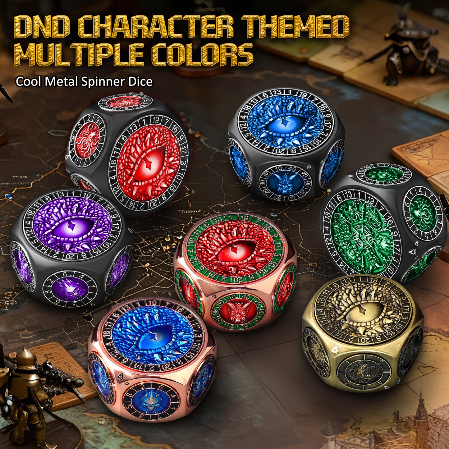 Metal Spinner Dice with Monster Engravings-Bronze